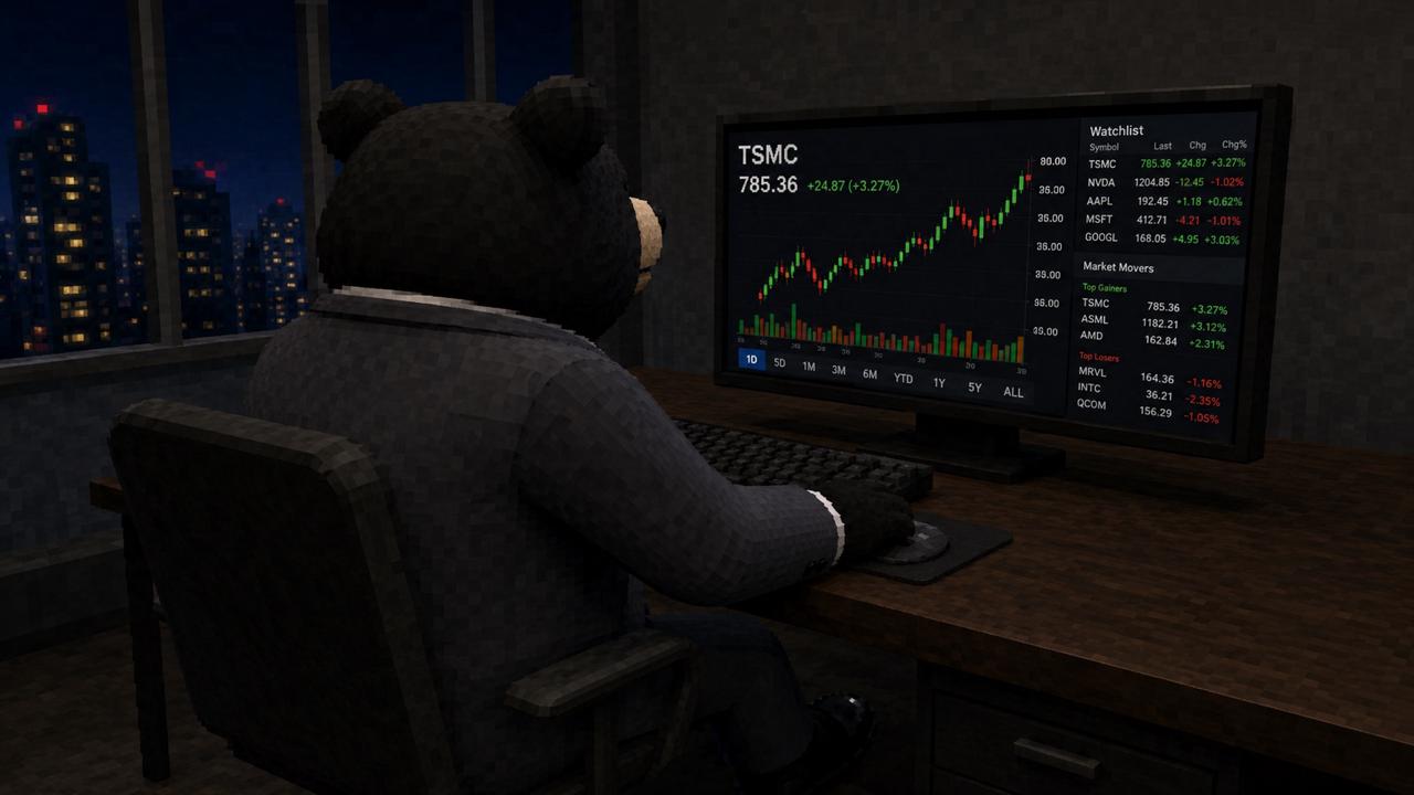 FOMOSAN bear watching a TSMC chart at night