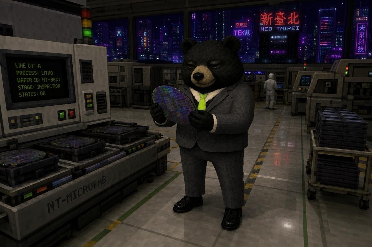 FOMOSAN bear holding a semiconductor wafer in a factory