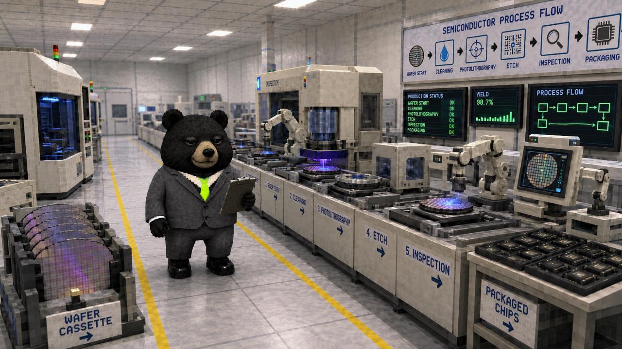FOMOSAN bear inspecting a semiconductor production line